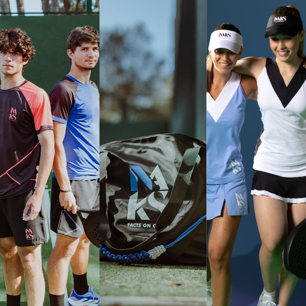 Naks - Toda la ropa Coleccíon por Padel, Tenis y Gym : 2 hombres en una pista de padel, con una camiseta azul y otra naranja, un gym bag et 2 mujeres con camiseta y faldas azul y blanca